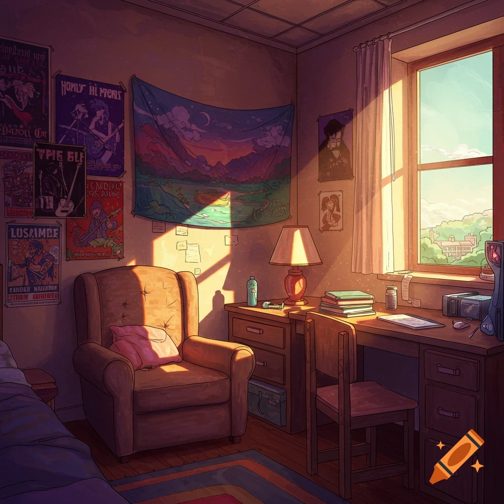 An anime-style dorm room at sunset, with sun rays illuminating a cozy armchair, desk, and posters on the wall.