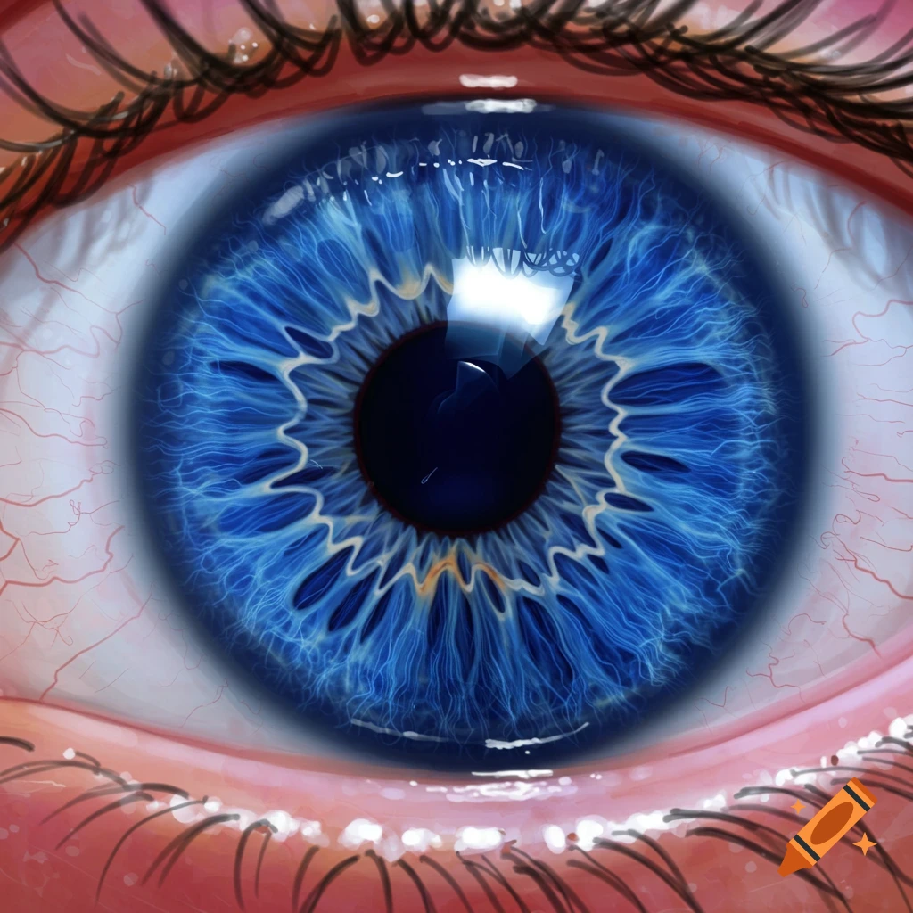 A detailed close-up of a vibrant blue human eye with intricate iris patterns and a dark pupil.