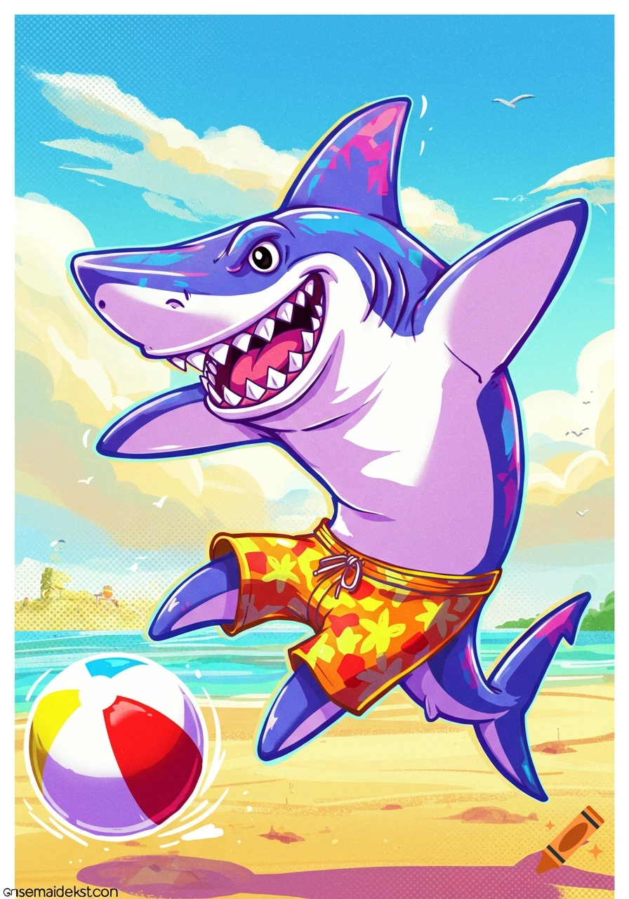 A vibrant cartoon shark in swim trunks playing with a beach ball on a sunny sandy beach.