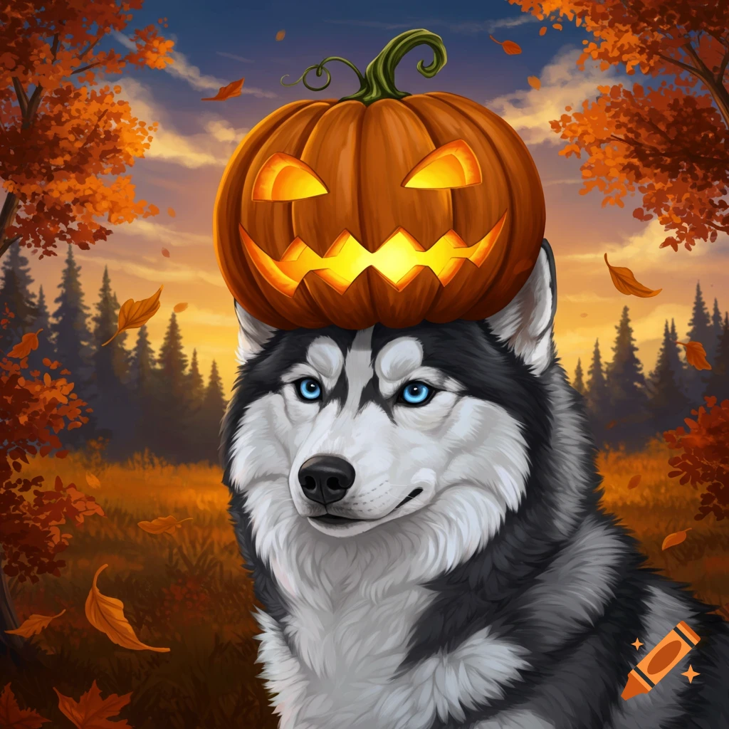 An illustrated husky wears a jack-o'-lantern on its head in an autumn forest with fall leaves.