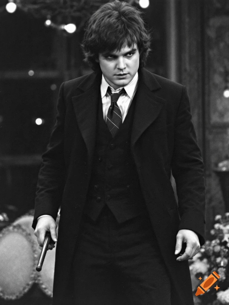 Black and white portrait of a man with dark, shaggy hair, wearing a suit and coat, holding a baton with an intense expression.