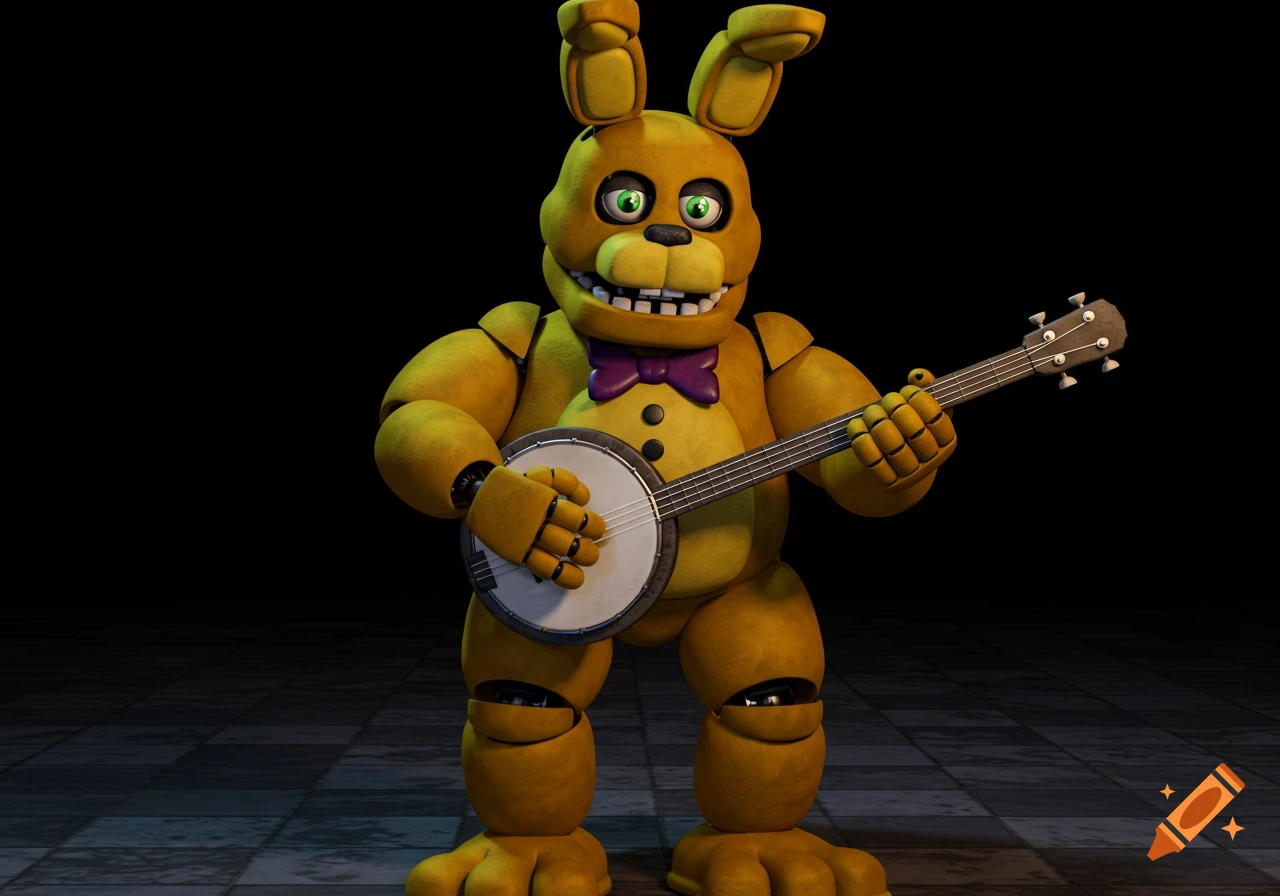 A yellow anthropomorphic animatronic rabbit with a purple bow tie and green eyes stands against a dark background, playing a banjo.