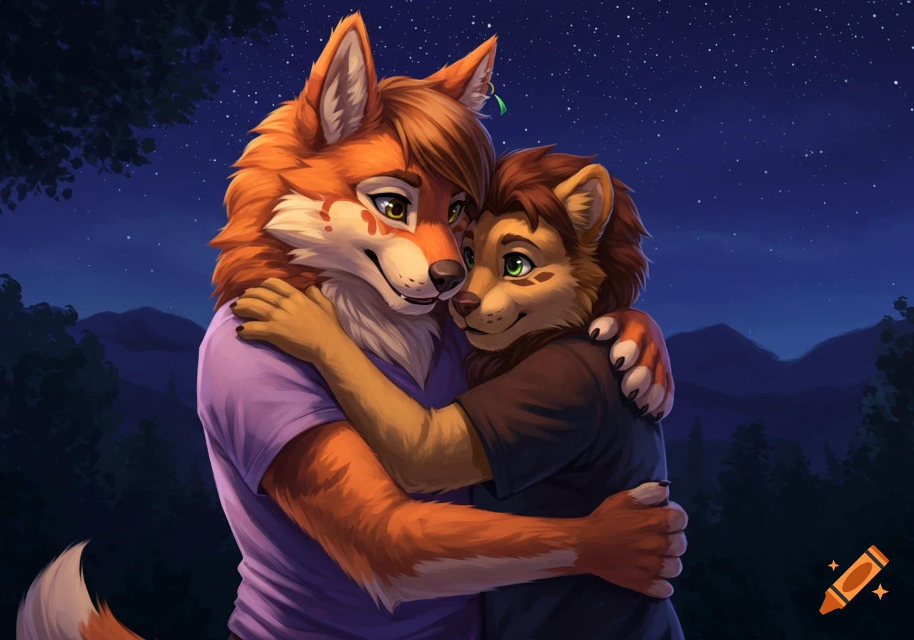 Two furries, an orange fox and a brown lion, embrace lovingly under a star-filled night sky.