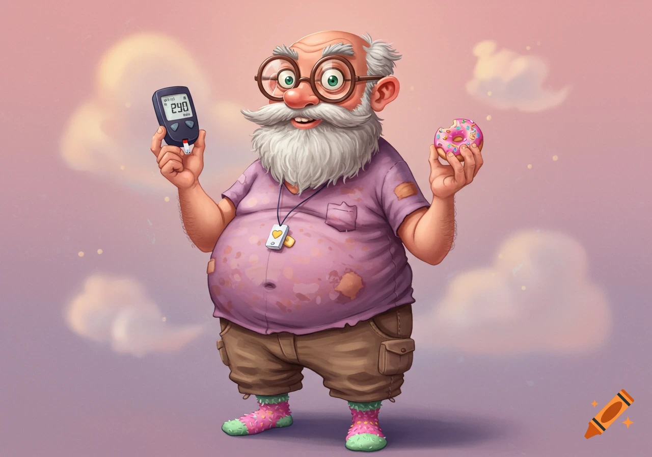 Cartoon of a portly, bearded grandpa with glasses, holding a blood sugar meter and a bitten donut, set against a pink cloudy background.
