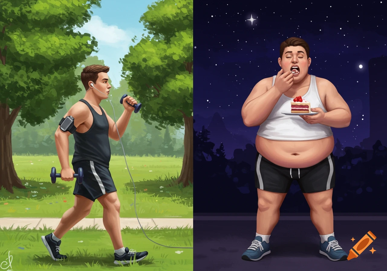 A split image showing a man exercising with dumbbells in a park during the day, and the same man, now overweight, eating cake at night.