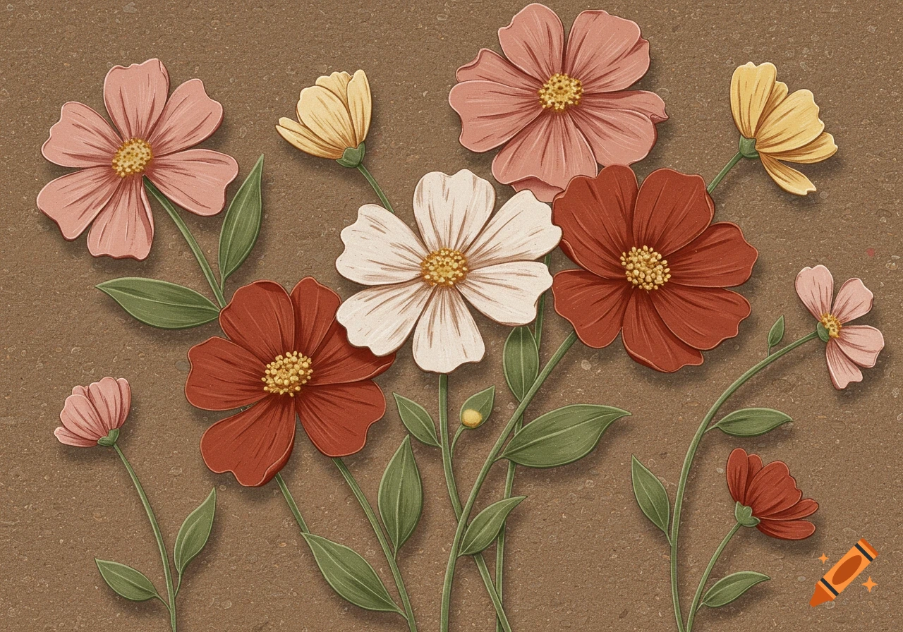 Colorful flowers with a raised texture on a brown background.