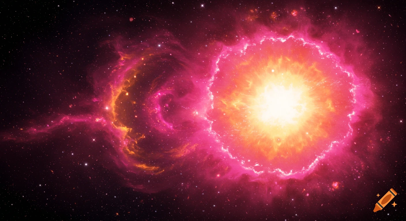 A vibrant yellow and orange cosmic explosion surrounded by a pink and purple nebula with stars.