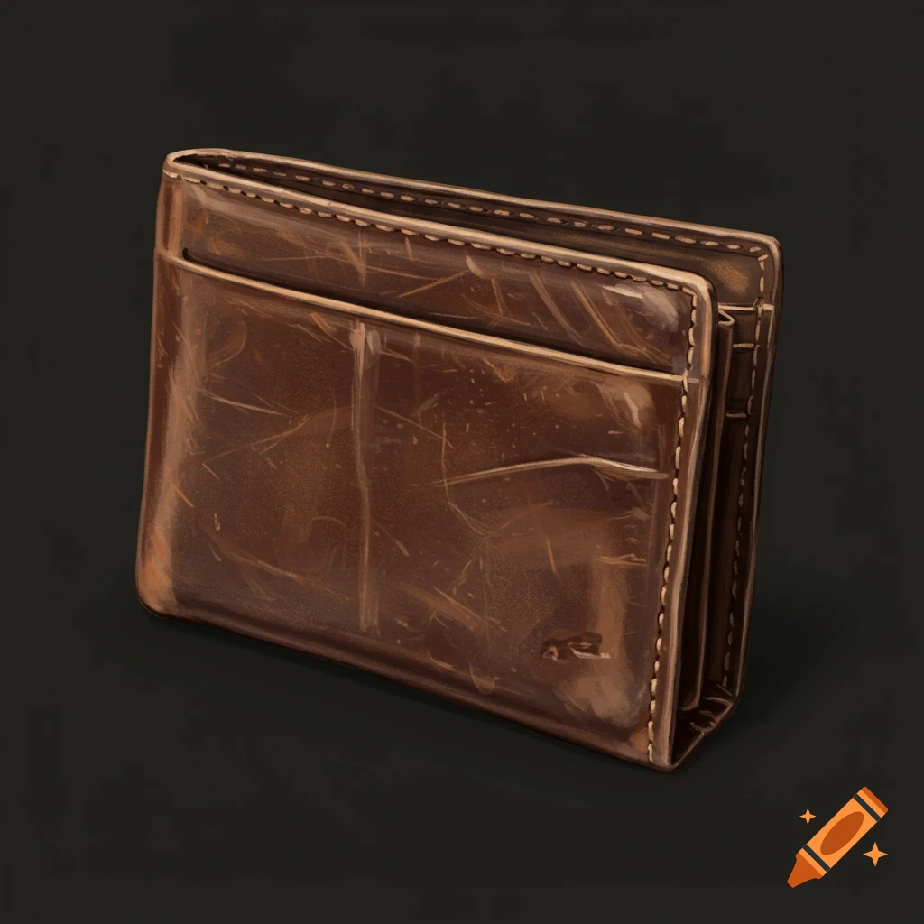 A close-up of a brown leather bifold wallet with visible scratches and detailed stitching, set against a dark background.