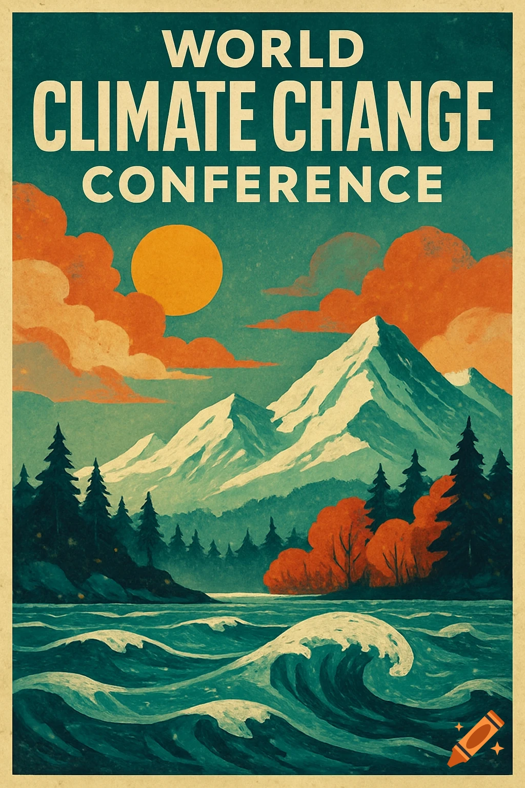 A vintage-style poster for the 'World Climate Change Conference' features mountains, forests, a sun, and stormy waves.
