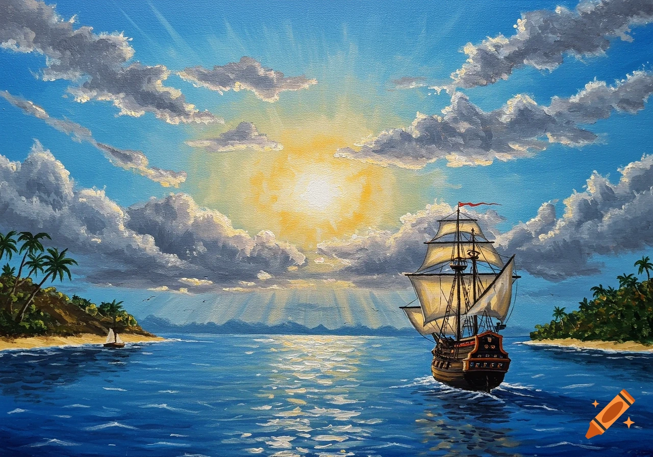 An acrylic painting of a galleon sailing on a blue ocean with tropical islands, under a sunlit sky with clouds.
