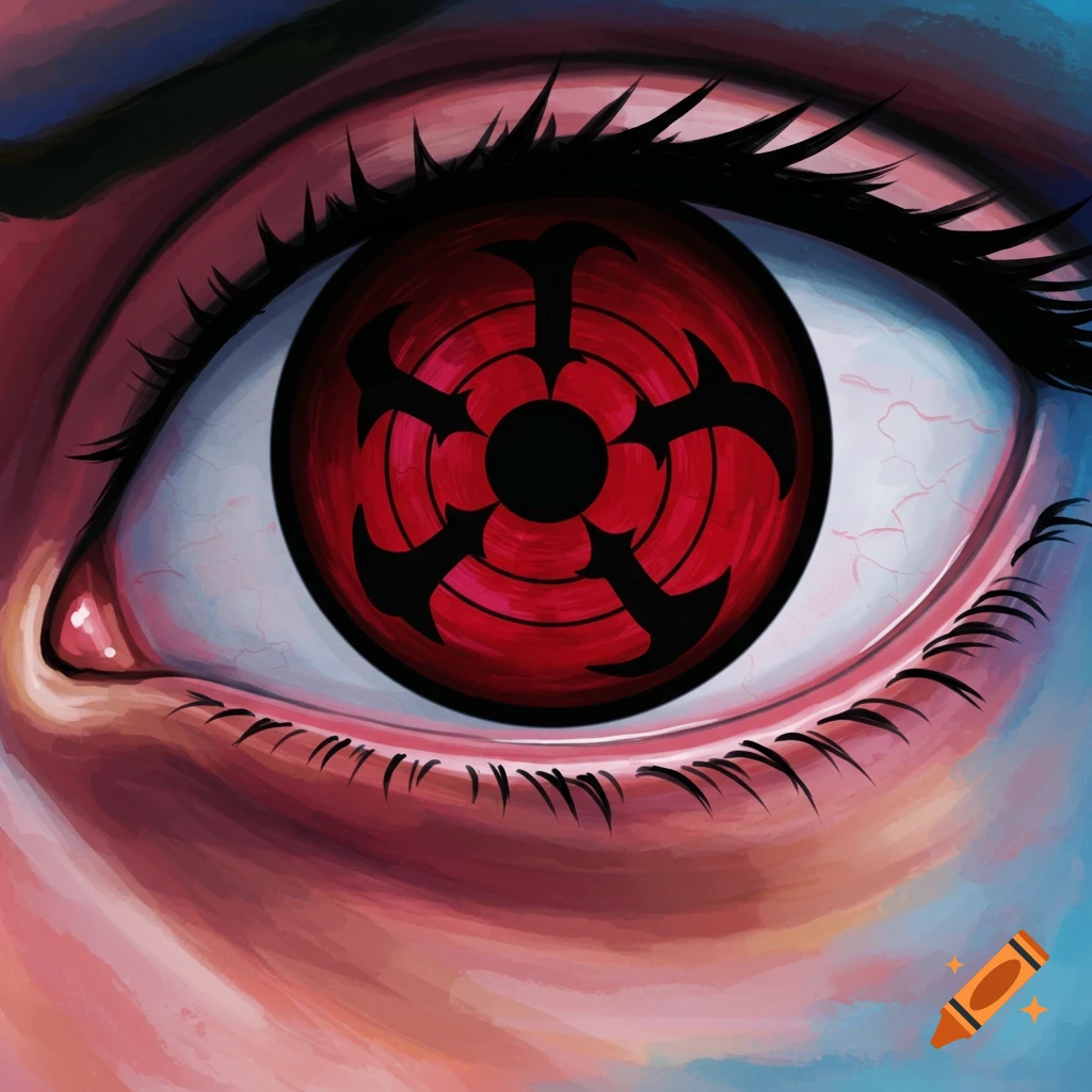 Close-up illustration of a stylized red and black Sharingan eye from Naruto, featuring intricate patterns, veins, and eyelashes.