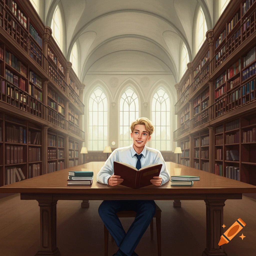 A young, blond student reads a book at a table in a grand library with tall bookshelves and arched windows.