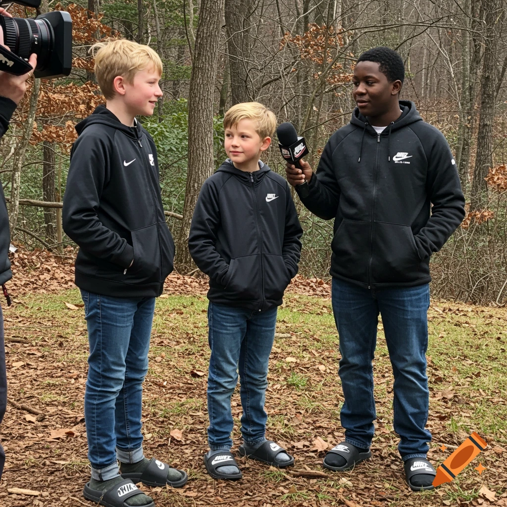 A Black boy holding a microphone interviews two white boys wearing Nike jackets and slides in a forest.