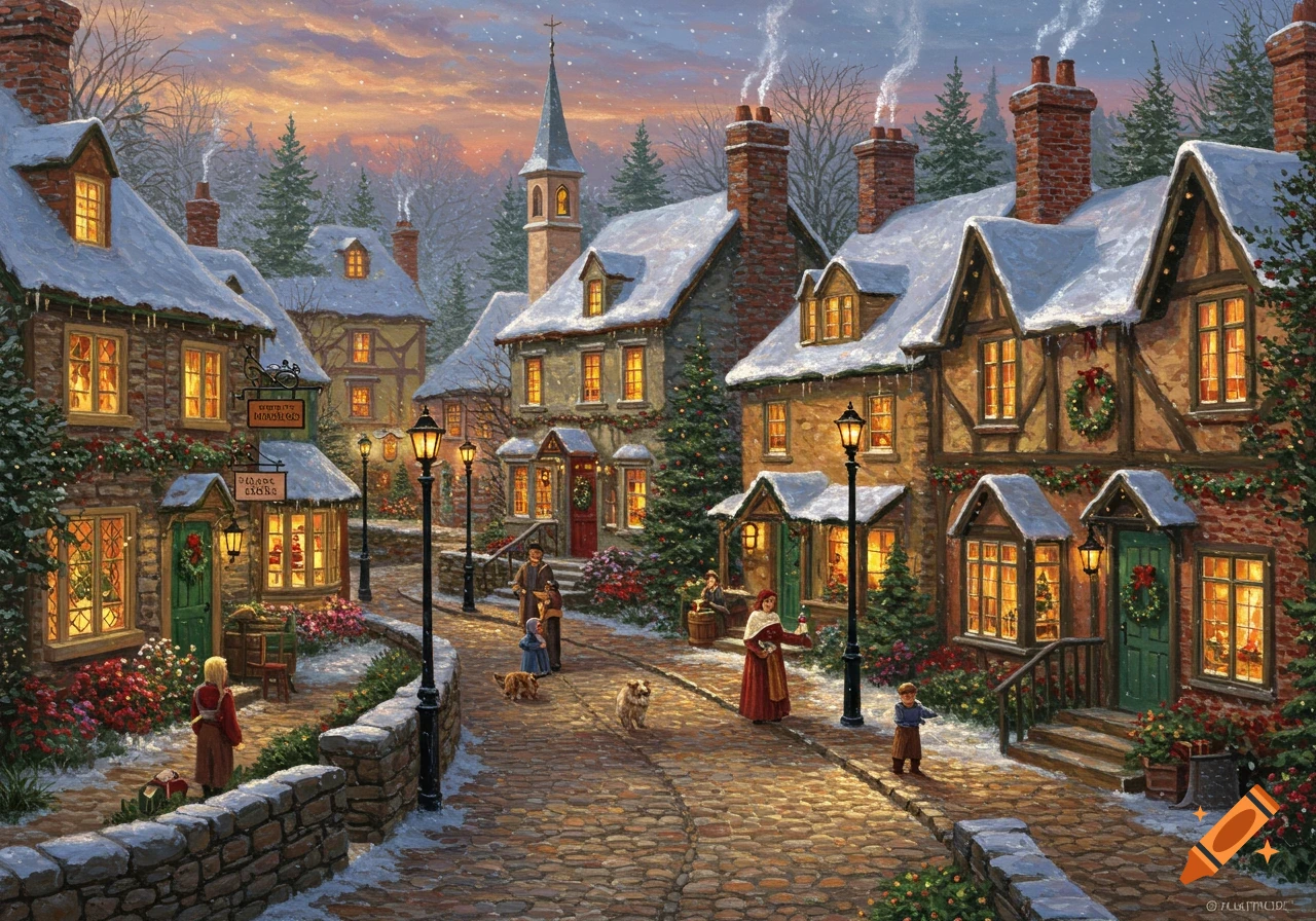 A whimsical painting of a snowy village at dusk, adorned with Christmas lights and wreaths. Villagers walk along cobblestone streets amidst glowing windows and smoke from chimneys.