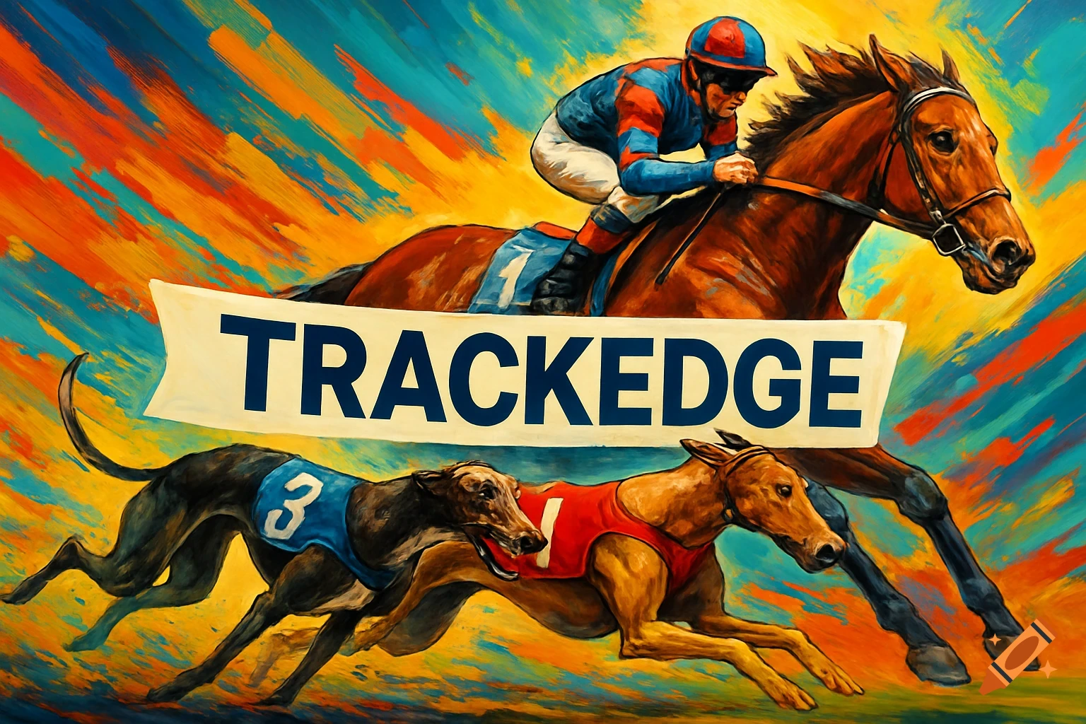 Dynamic, brightly colored painting of a horse and jockey racing above two greyhounds, with a 'TRACKEDGE' banner in the center.