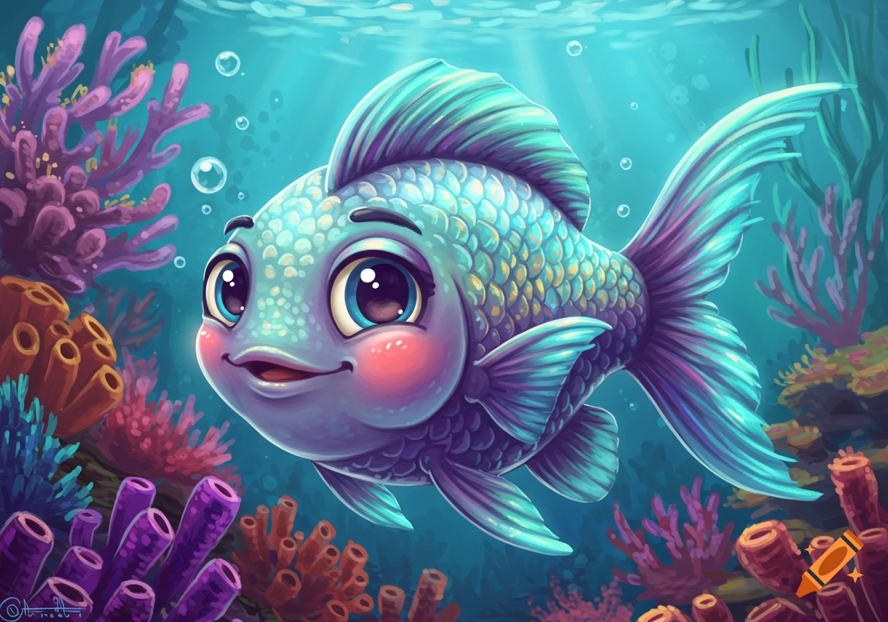 A cute, smiling cartoon fish swims in a vibrant underwater coral reef with bubbles.