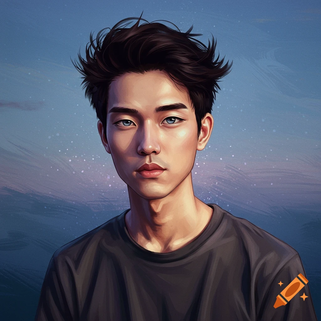 A stylized portrait illustration of a young man with dark messy hair and light blue eyes, looking directly at the viewer against a blue background.