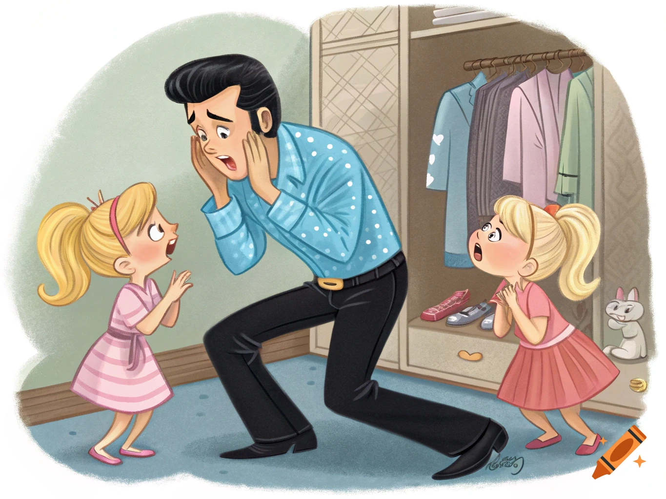 Cartoon illustration of Elvis Presley looking shocked, with two young blonde girls looking up at him with similar surprised expressions. They are in a room with an open wardrobe.
