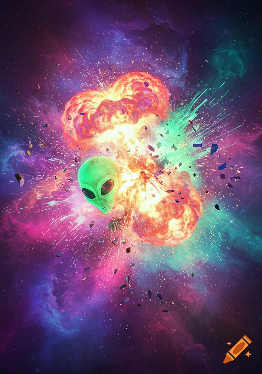A green alien head at the center of a vibrant, colorful explosion in space, surrounded by debris.
