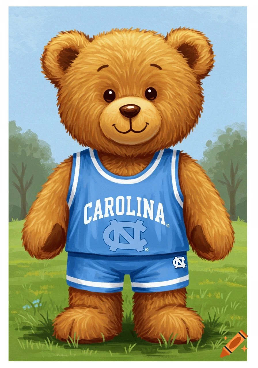 An illustrated brown teddy bear stands in a grassy field, wearing a light blue basketball uniform with 'CAROLINA' and an 'NC' logo.