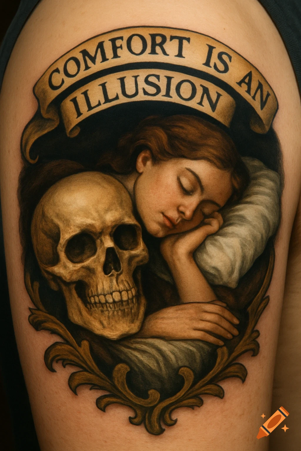 A detailed tattoo featuring a woman sleeping beside a human skull under a banner reading 'Comfort is an Illusion'.