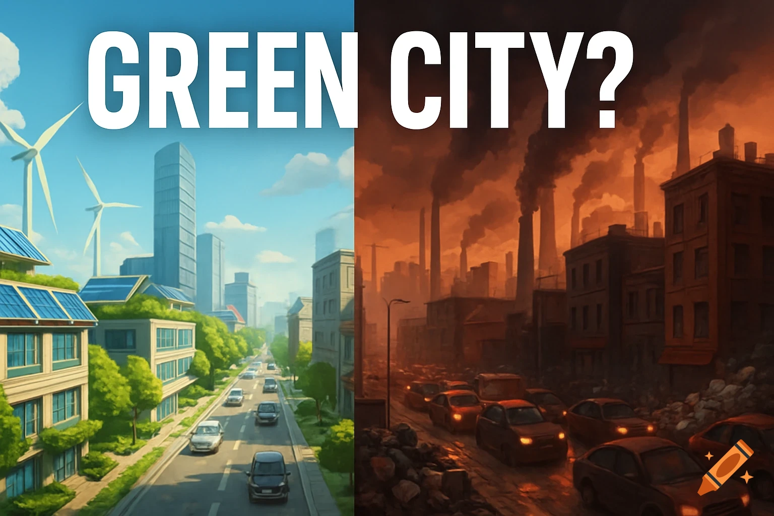 Split image: left, a vibrant eco-friendly city with green buildings, wind turbines; right, a dark, polluted industrial city. Text: GREEN CITY?