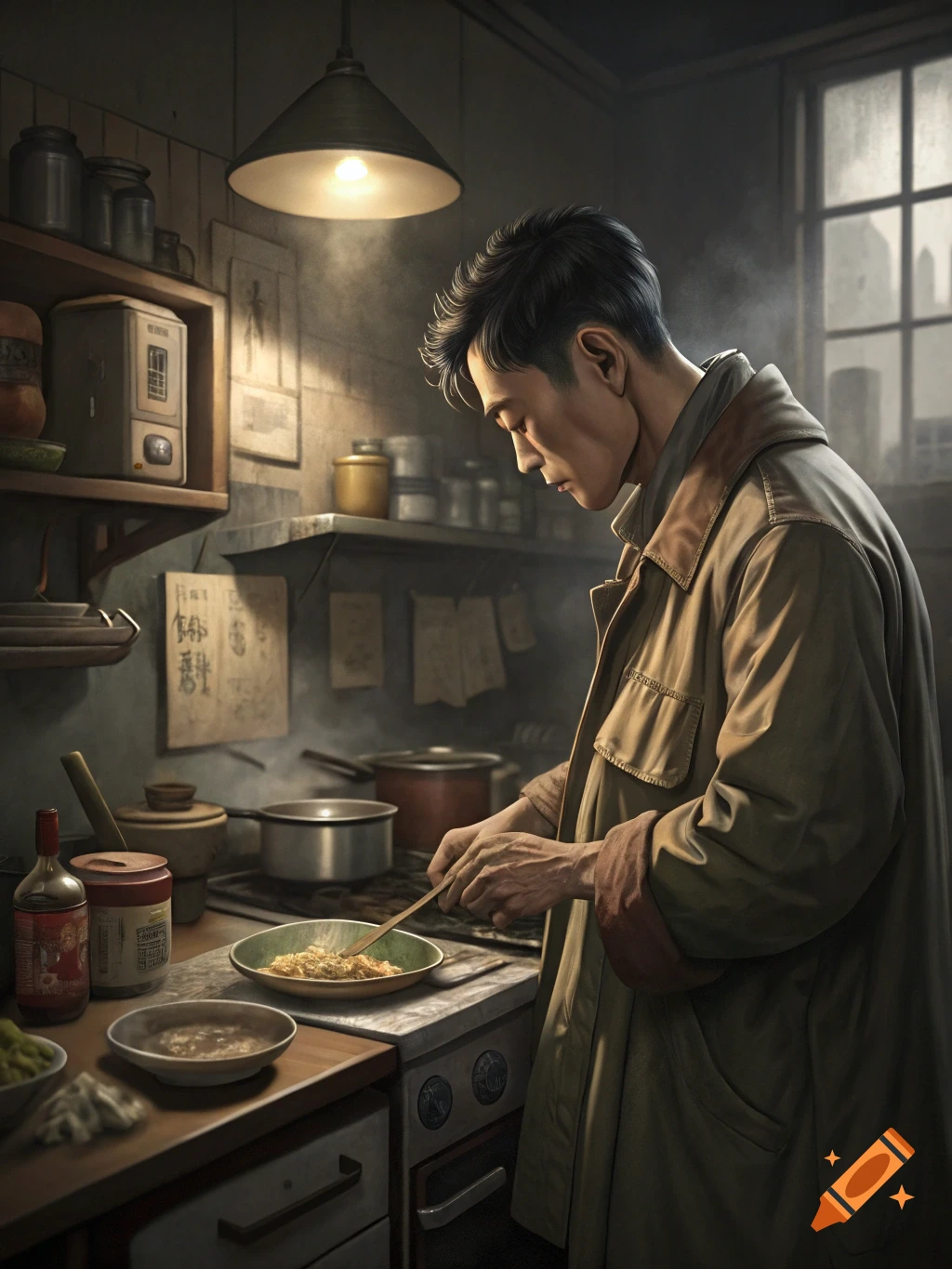 A man in a trench coat cooking in a dimly lit, rustic kitchen.