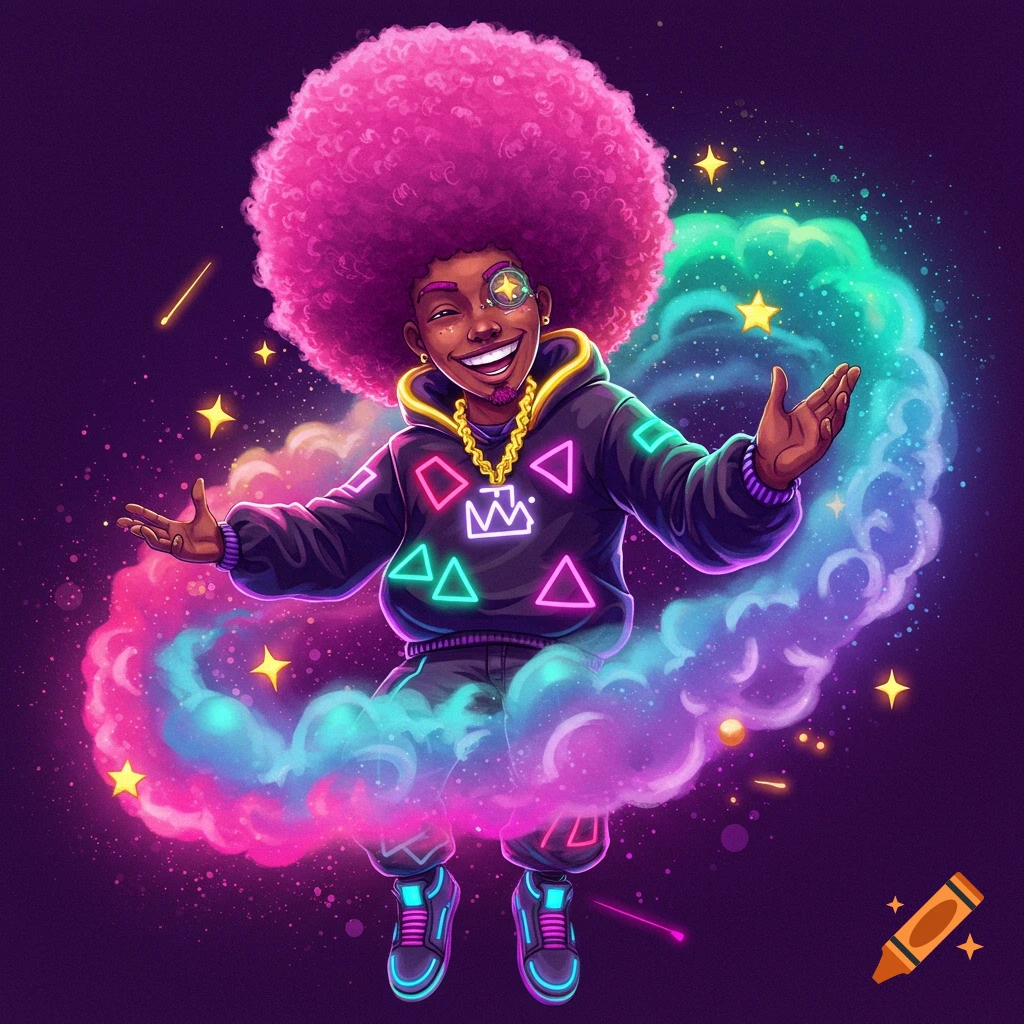 A vibrant cartoon character with a large pink afro and a gold chain smiles, arms outstretched, amidst colorful glowing smoke and stars.