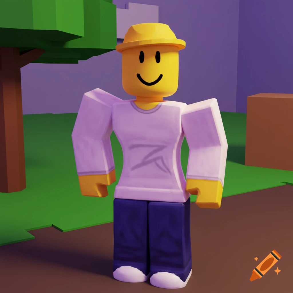 A blocky Roblox character wearing a light purple long-sleeved shirt, dark blue pants, and a yellow hard hat.