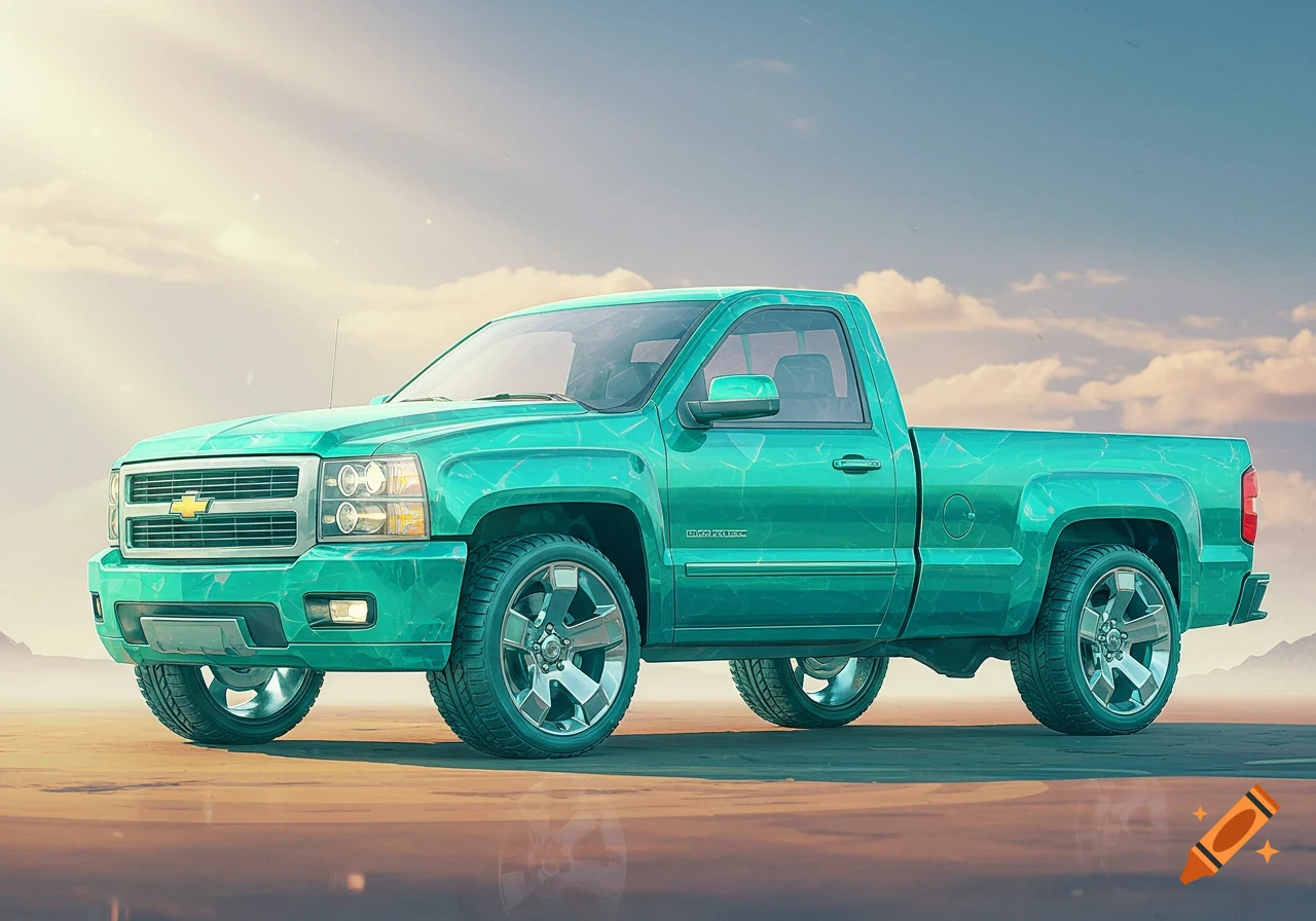A teal colored glass pickup truck is parked on a flat, open ground under a sunny, cloudy sky.