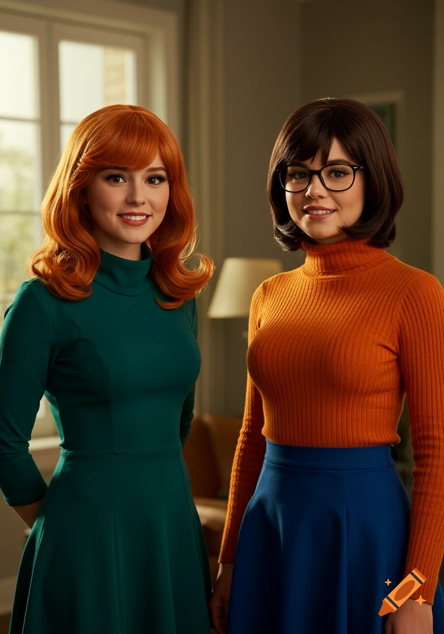 Photorealistic portrait of two young women cosplaying as Daphne and Velma, smiling in an indoor setting.