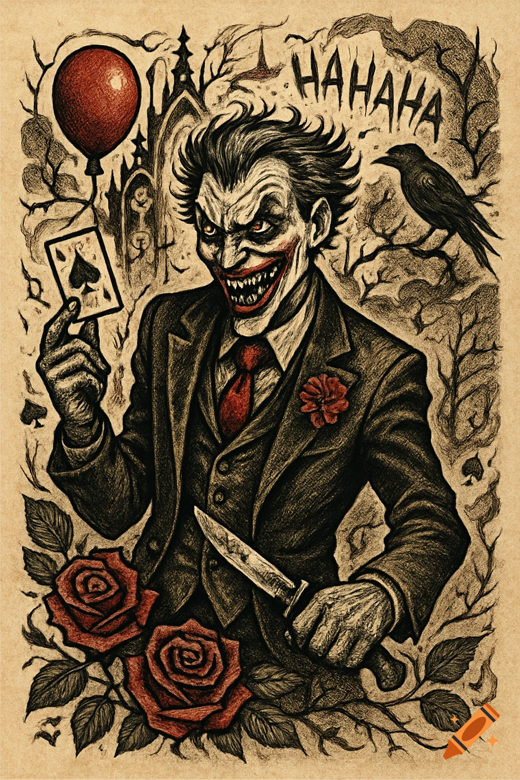 A gritty, tattoo-style illustration of The Joker with a menacing grin, holding a playing card and knife, surrounded by gothic elements, roses, and a crow.