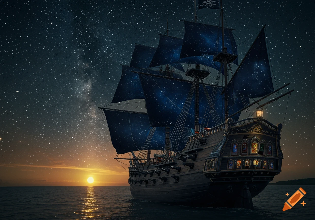 A majestic pirate ship with starry sails floats on the ocean at sunset, under a vast, star-filled night sky.