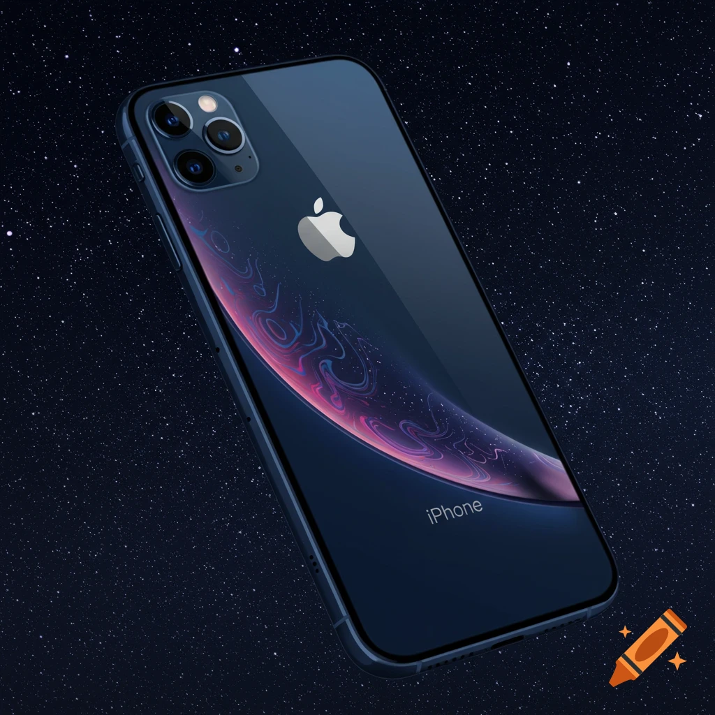 A dark blue iPhone with a swirling pink and purple design on its back, set against a dark starry sky.