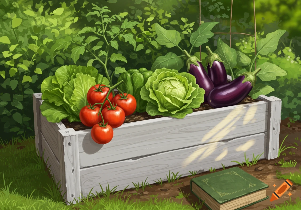 A vibrant raised garden bed holds tomatoes, lettuce, bell peppers, cabbage, and eggplants. A green book rests on the ground.