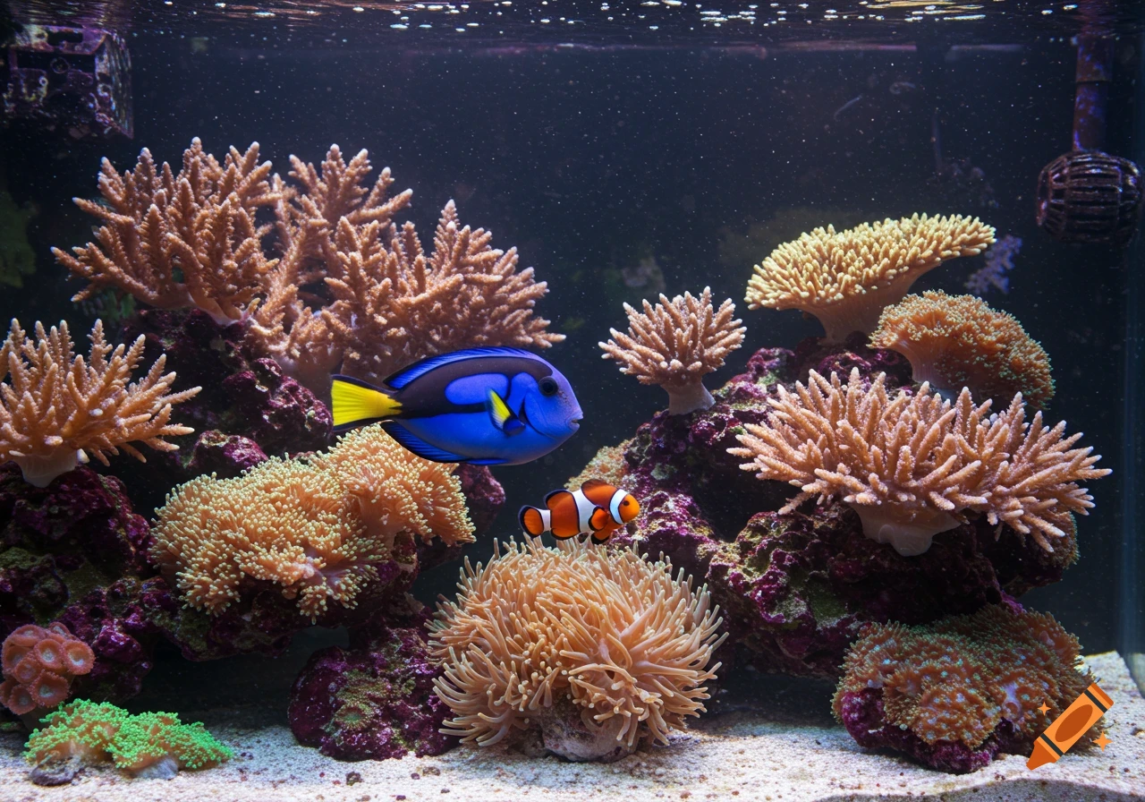 A vibrant fish tank with a blue tang fish, a clownfish, and various types of colorful live coral and rocks.