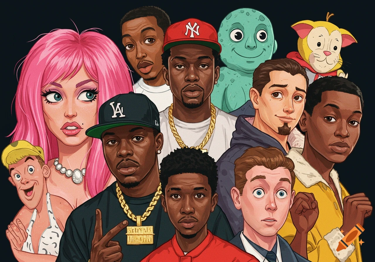 Vibrant illustration of a diverse group of cartoon characters, including pop culture figures, on a dark background.