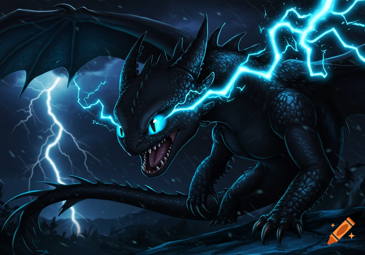 A powerful black dragon with glowing blue eyes, surrounded by bright blue lightning against a dark, stormy background.