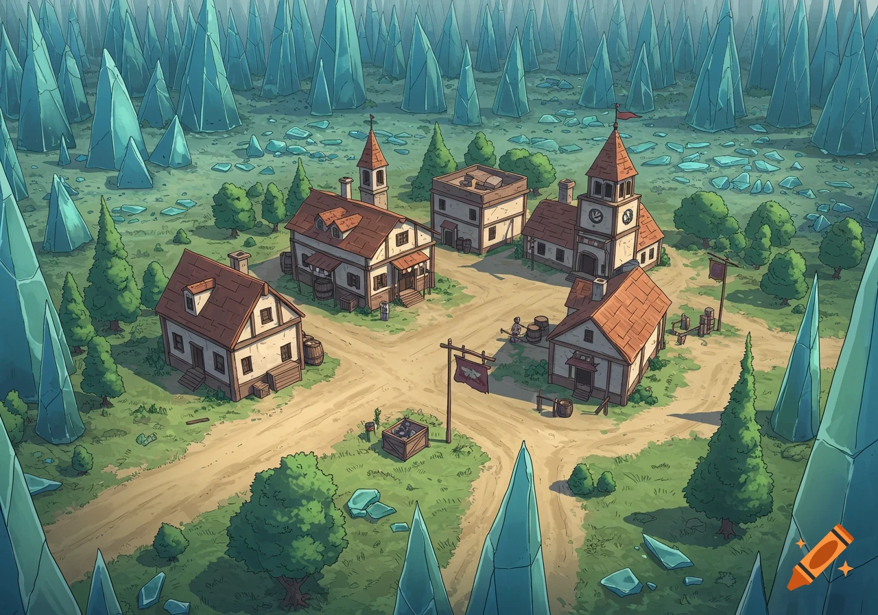 An aerial view of a small fantasy village with dirt roads and traditional buildings, surrounded by a forest of towering, blue-green crystal shards.