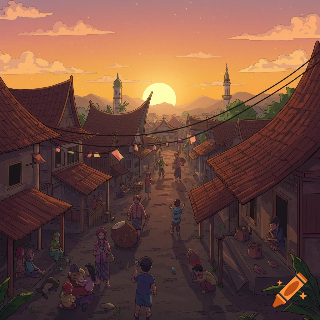 A stylized illustration of a bustling traditional village street at sunset, with people and children, distinctive houses, and minarets.