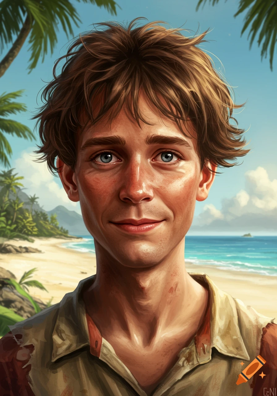 A smiling young man with brown hair and blue eyes stands on a tropical beach with palm trees in this digital painting.