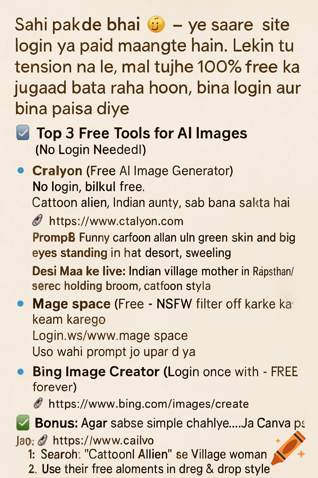 Text-based guide on free AI image generation tools like Craiyon, Mage.space, Bing Image Creator, and Canva.
