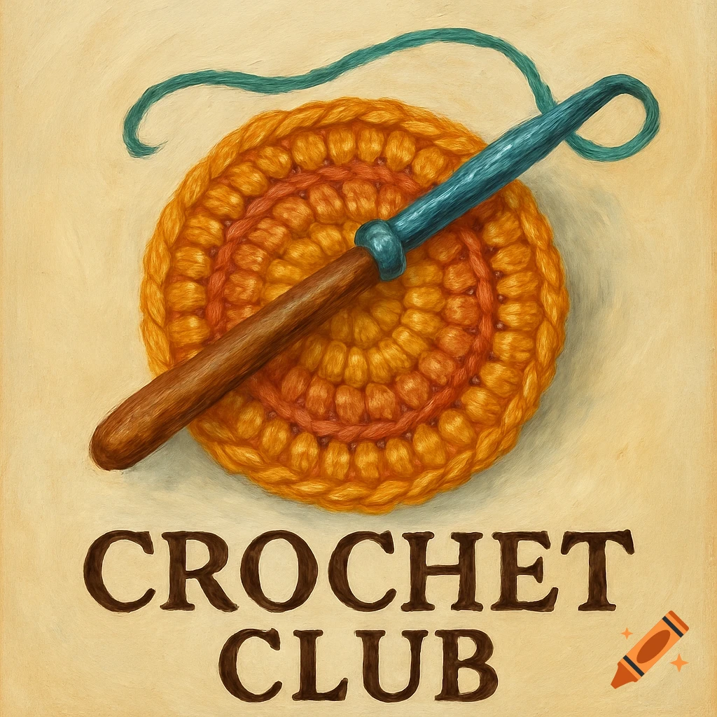 A vintage-style illustration of a crochet hook resting on an orange crochet circle, with 'CROCHET CLUB' text below.