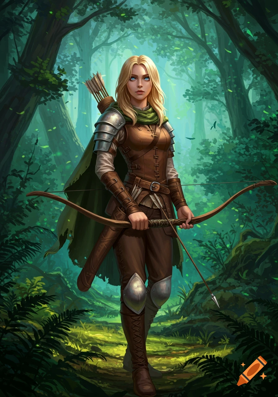 Blonde female ranger in brown armor and green cloak holding a bow and arrow, standing in a lush green forest.