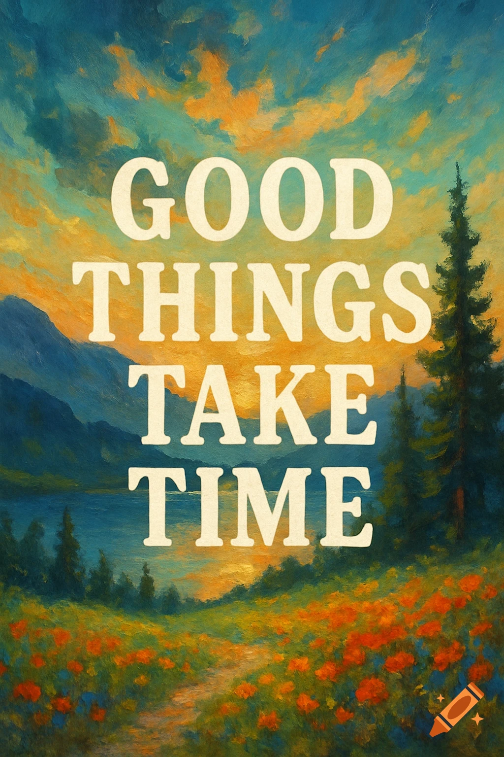 A vibrant, painterly landscape with mountains, a lake, orange wildflowers, and a sunset sky, featuring the text 'GOOD THINGS TAKE TIME'.