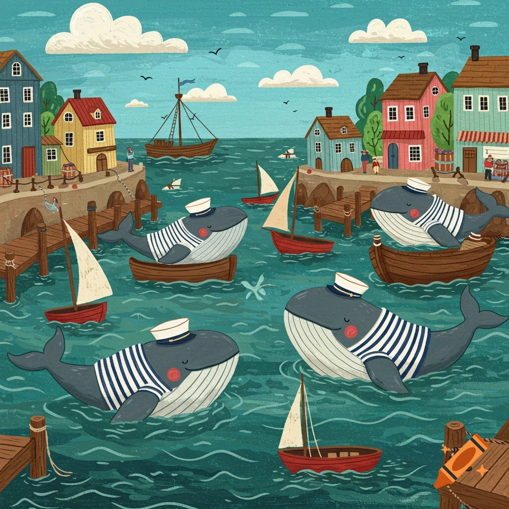 A whimsical folk art illustration depicts a harbor town with cheerful whales in sailor outfits floating in boats and swimming among sailboats.
