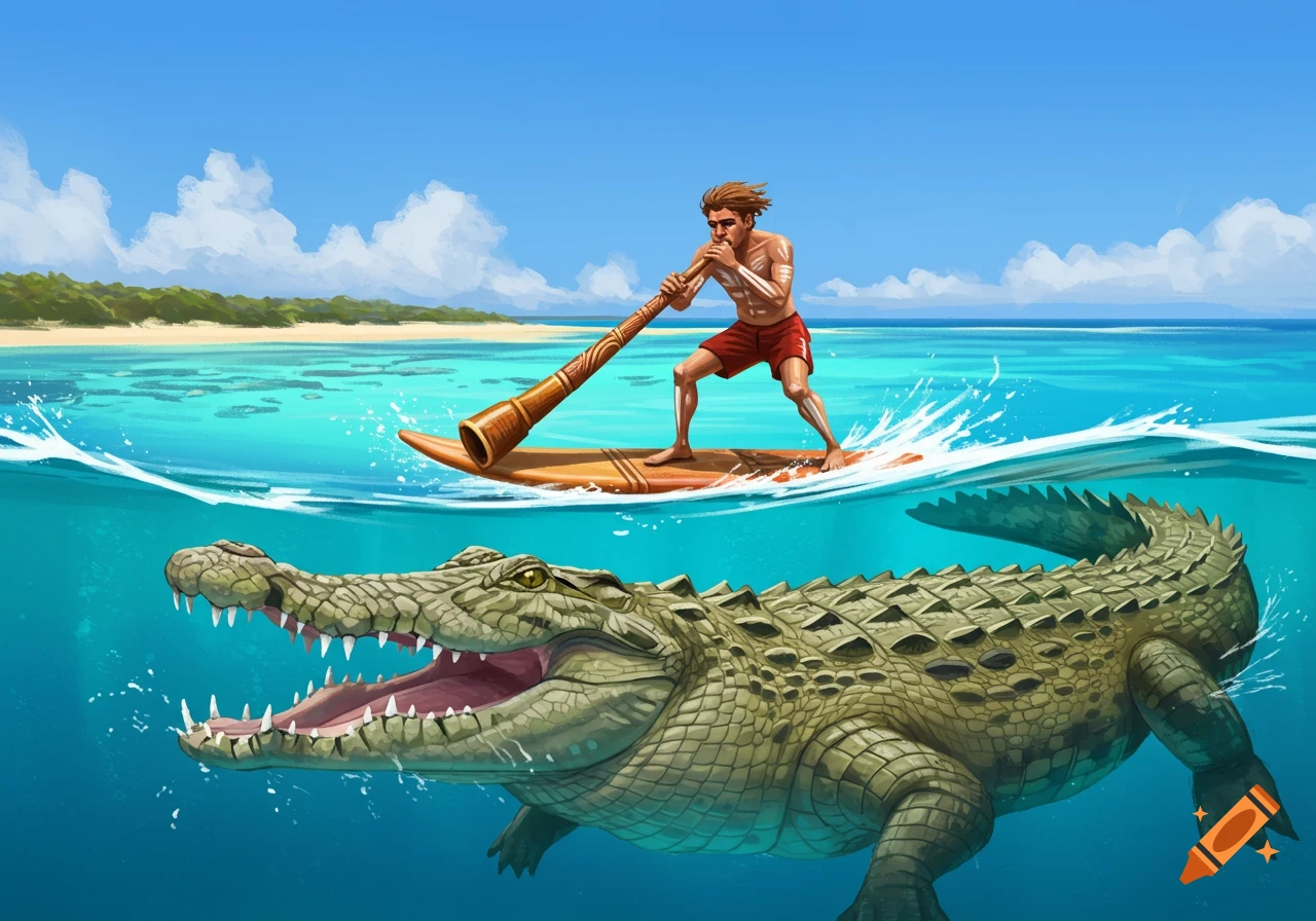 An Australian man surfs a large crocodile in a vibrant blue ocean, playing a didgeridoo. A sandy island is in the background.