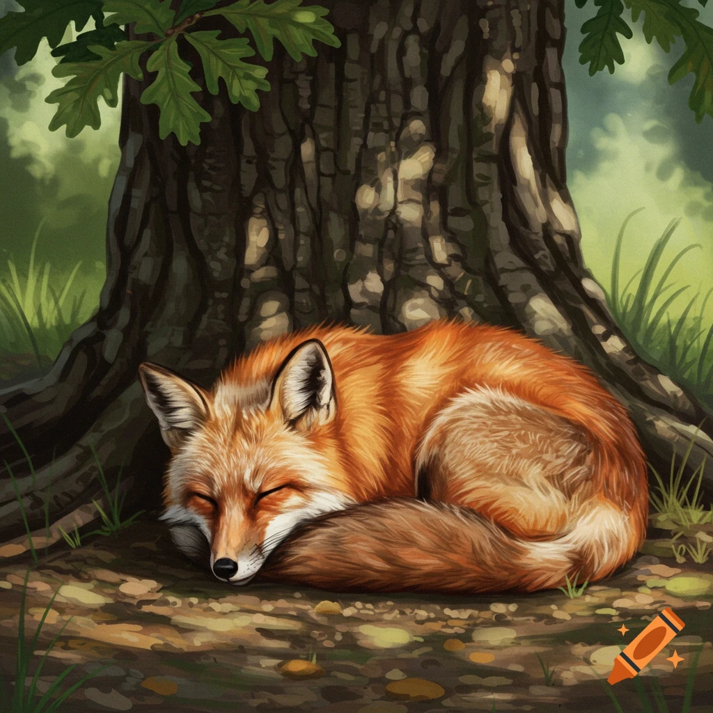 An illustration of a red fox curled up and sleeping peacefully under the shade of a large oak tree in a forest.
