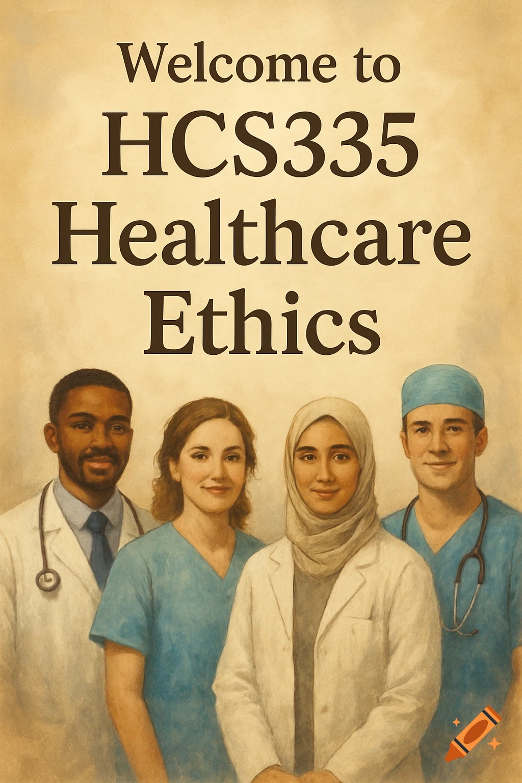 A painted banner with 'Welcome to HCS335 Healthcare Ethics' above four diverse healthcare professionals.