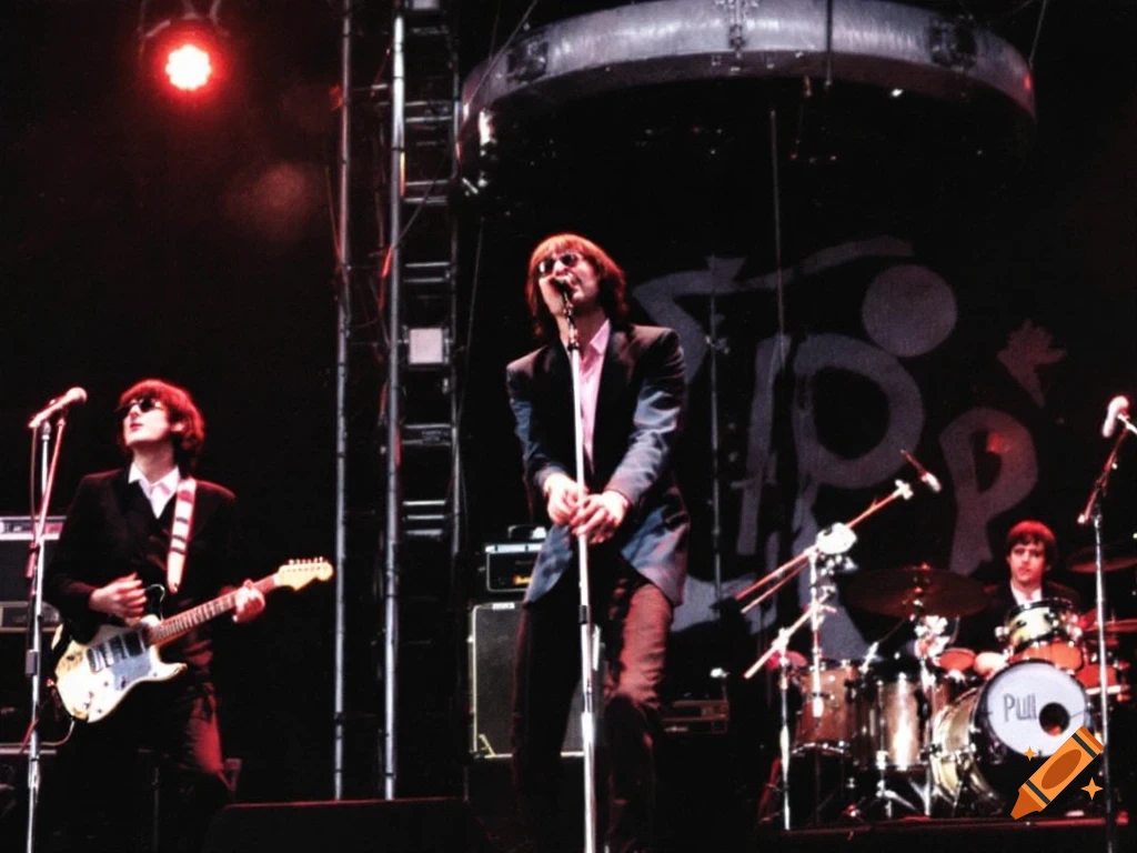 A band performs on stage with bright lights, featuring a guitarist, a lead singer, and a drummer. Stylized text is on the backdrop.